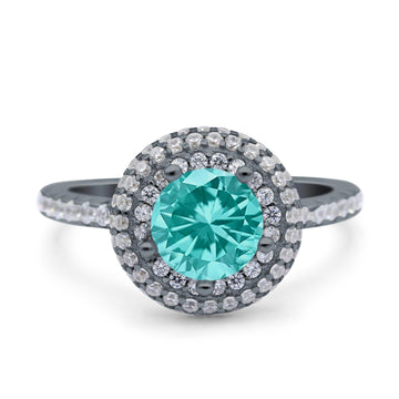 Halo Art Deco Wedding Ring Round Black Tone, Simulated Paraiba Tourmaline CZ 925 Sterling Silver